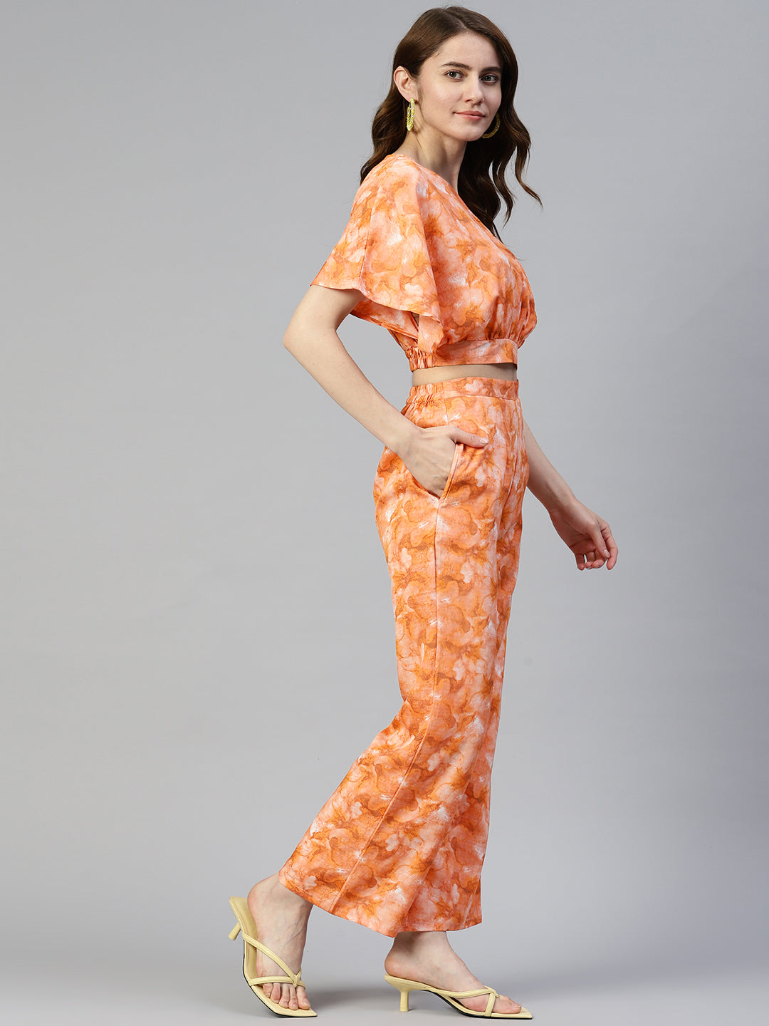 Jainish Women's Orange Printed Crop Top With Palazzos