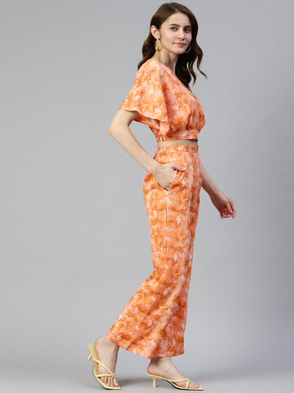 Jainish Women's Orange Printed Crop Top With Palazzos