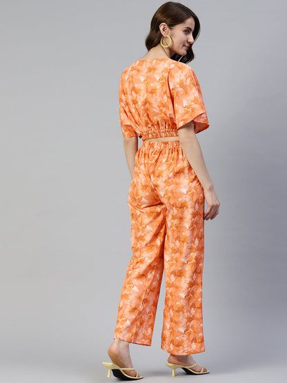 Jainish Women's Orange Printed Crop Top With Palazzos