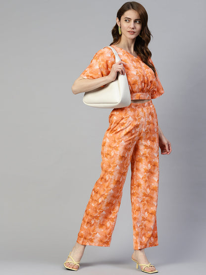 Jainish Women's Orange Printed Crop Top With Palazzos