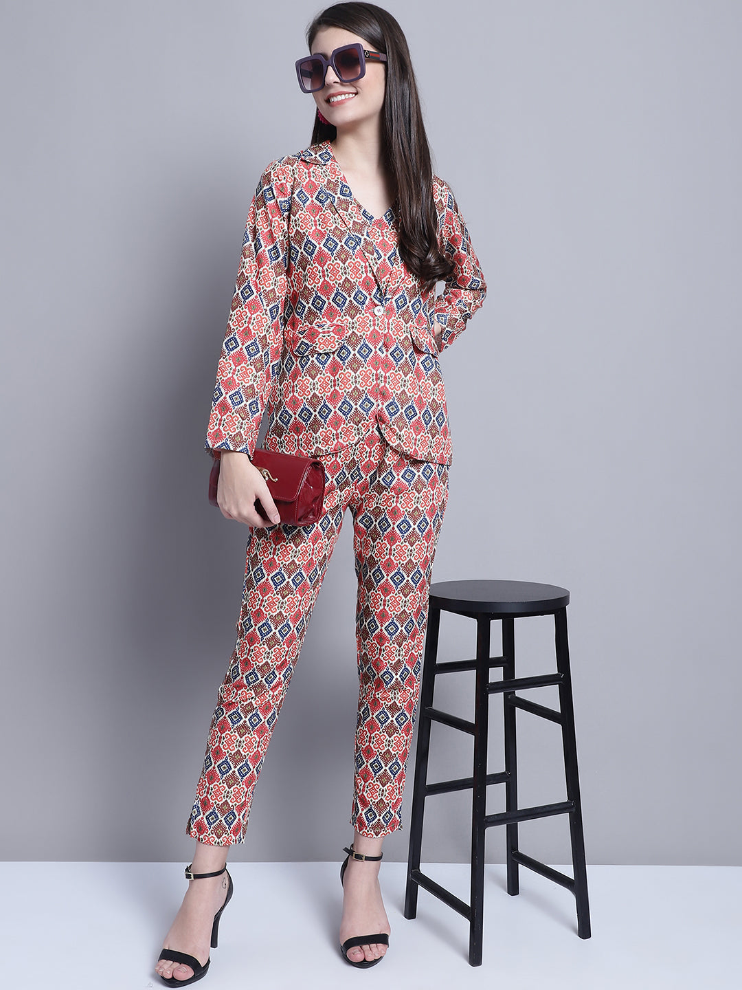 Jainish Women's WoDigital Printed Crop Top and Jacket Set - Red