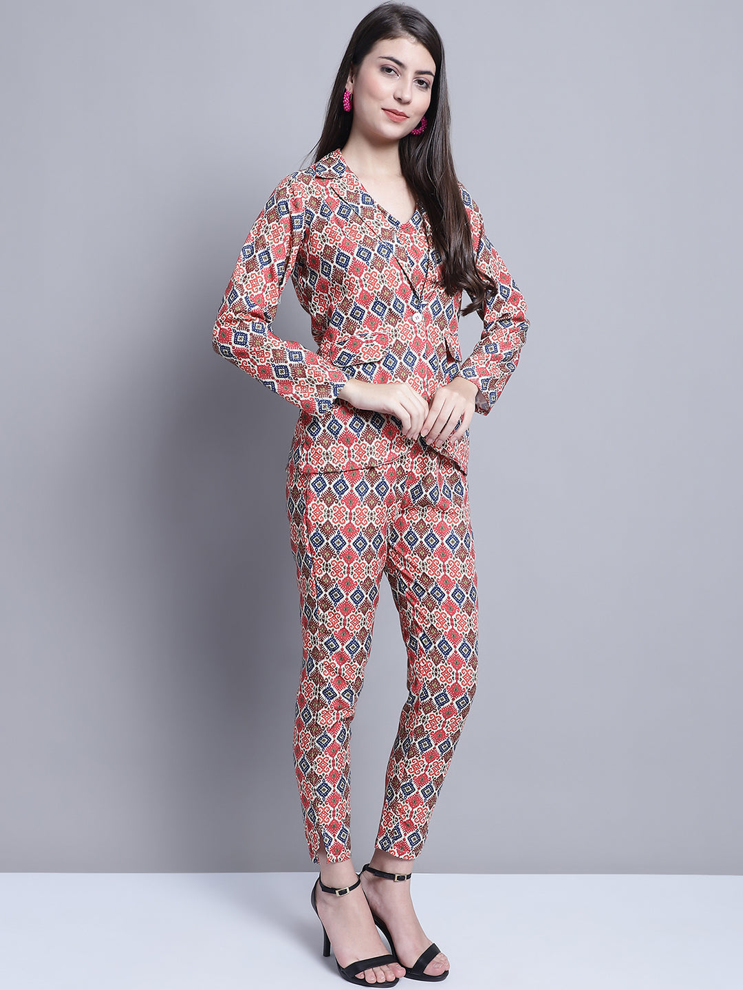 Jainish Women's WoDigital Printed Crop Top and Jacket Set - Red
