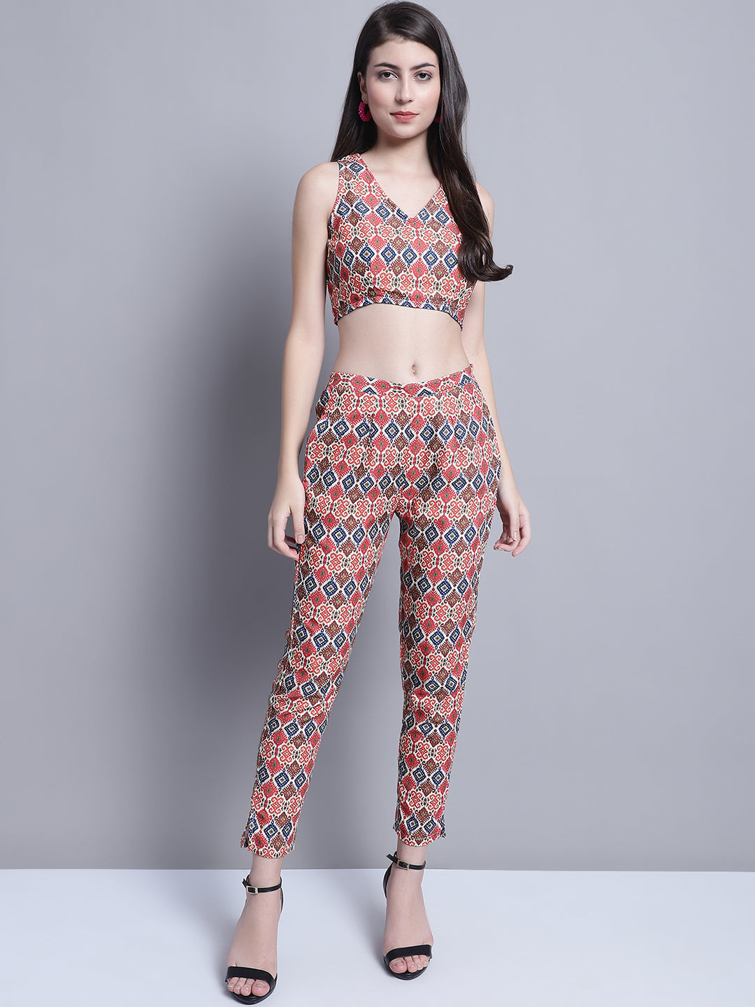 Jainish Women's WoDigital Printed Crop Top and Jacket Set - Red