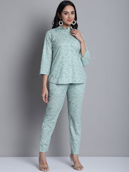 Jainish Women's WoLime Green Printed Shirt and Trouser Co-ords Set
