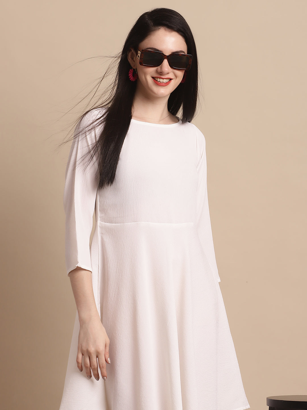 Jainish Women's White Solid A-Line Dress