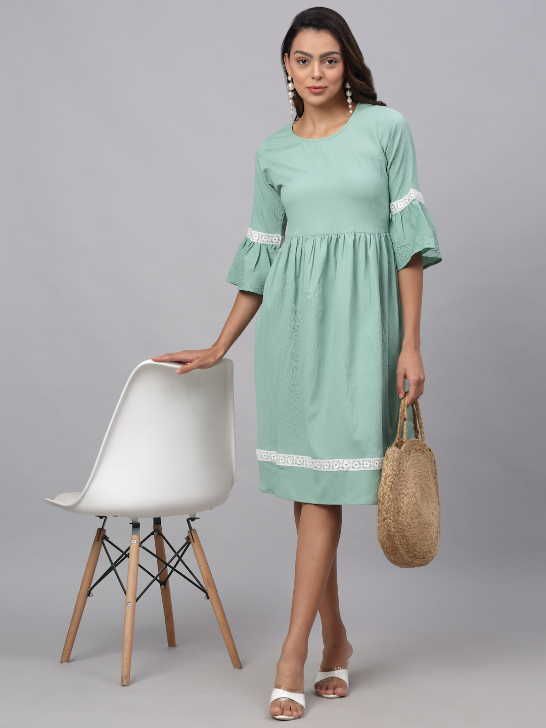 Jainish Women's Green Solid Fit & Flare Dress