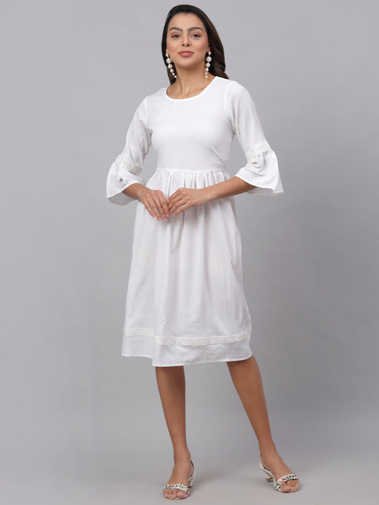 Jainish Women's White Solid Fit & Flare Dress