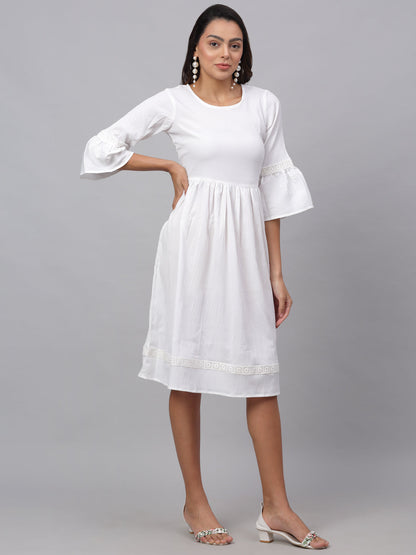 Jainish Women's White Solid Fit & Flare Dress
