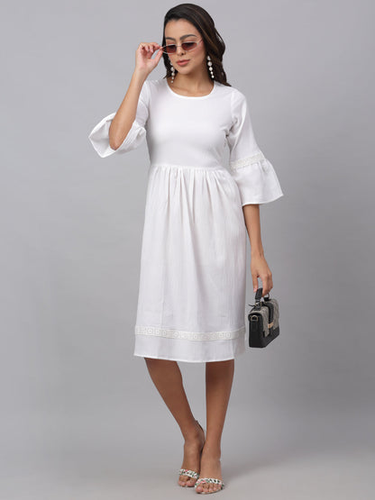 Jainish Women's White Solid Fit & Flare Dress