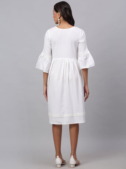 Jainish Women's White Solid Fit & Flare Dress