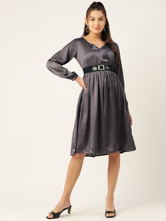 Jompers Women's Puff Sleeves Satin Wrap Dress with Belt - Charcoal