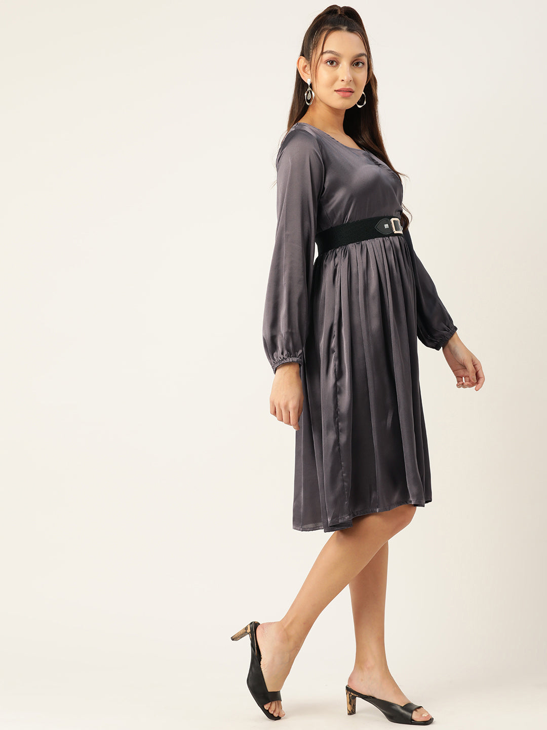 Jompers Women's Puff Sleeves Satin Wrap Dress with Belt - Charcoal