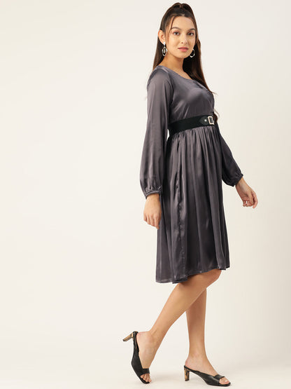 Jompers Women's Puff Sleeves Satin Wrap Dress with Belt - Charcoal