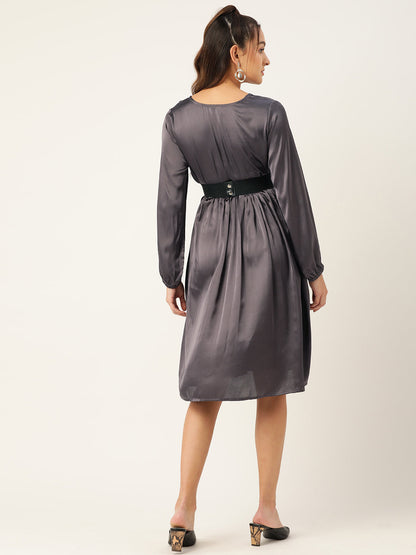 Jompers Women's Puff Sleeves Satin Wrap Dress with Belt - Charcoal