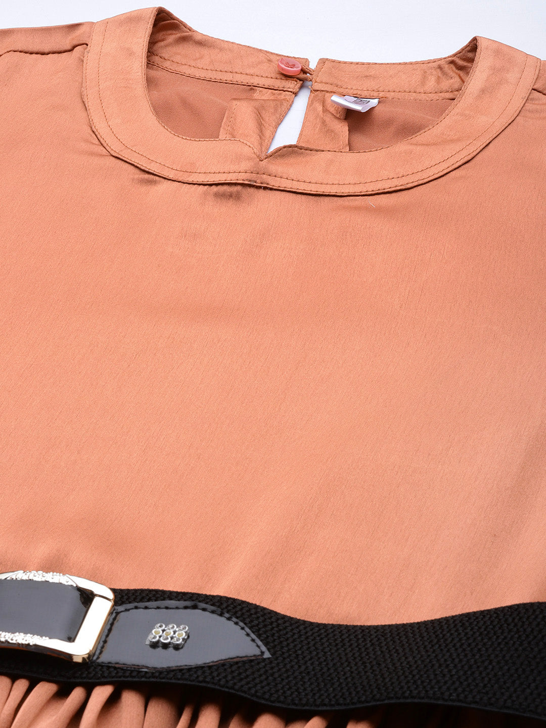Jainish Women's Peach-Coloured Satin Dress with Belt