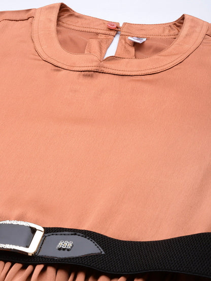 Jainish Women's Peach-Coloured Satin Dress with Belt