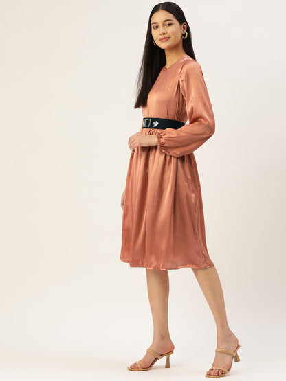 Jainish Women's Peach-Coloured Satin Dress with Belt