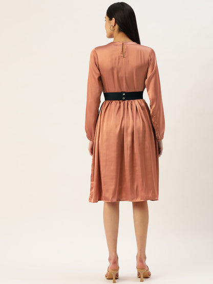 Jainish Women's Peach-Coloured Satin Dress with Belt