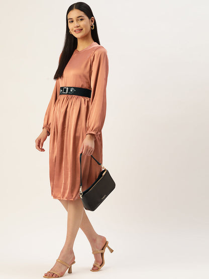 Jainish Women's Peach-Coloured Satin Dress with Belt