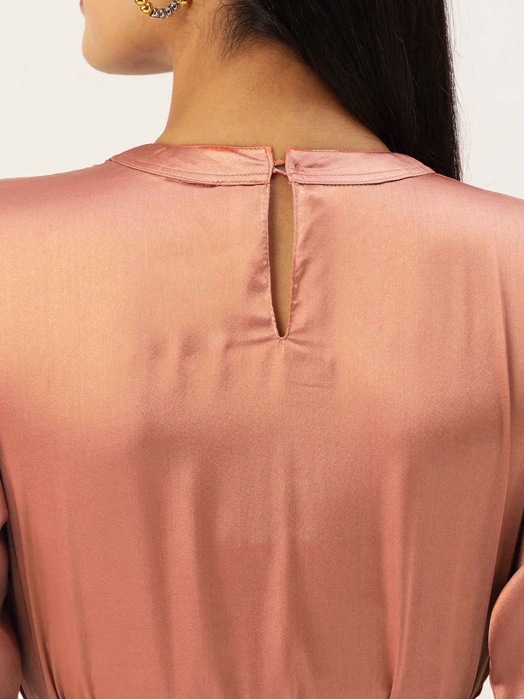 Jainish Women's Peach-Coloured Satin Dress with Belt