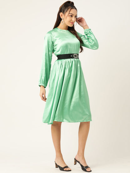 Jainish Women's Green-Coloured Satin Dress with Belt