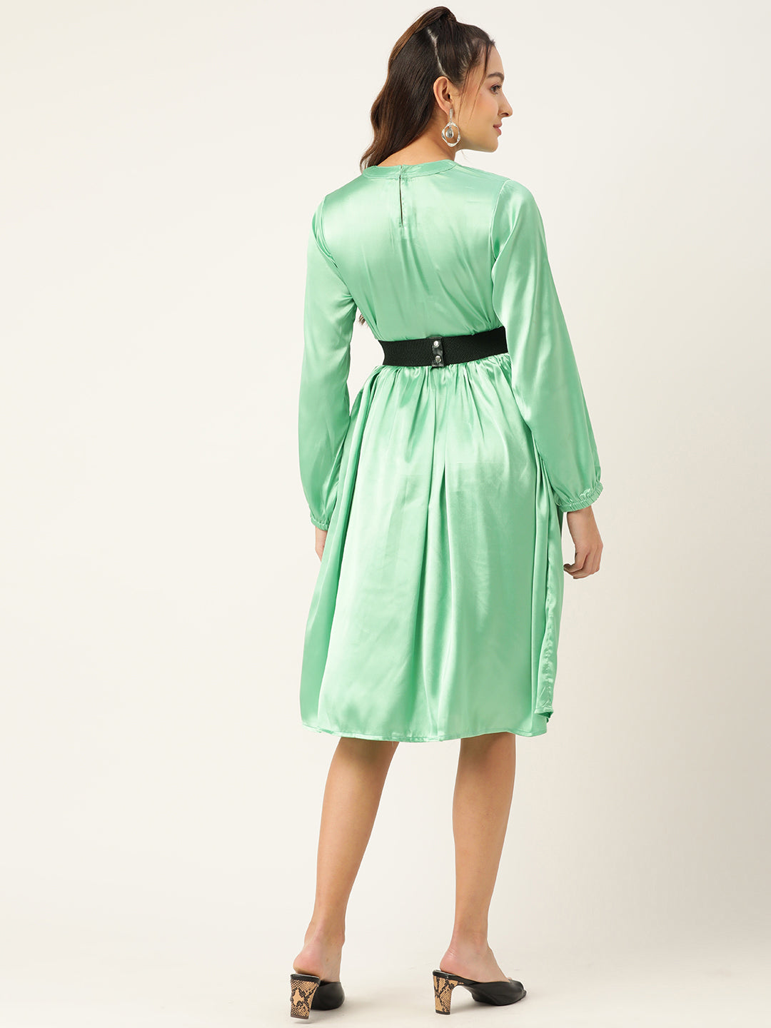 Jainish Women's Green-Coloured Satin Dress with Belt