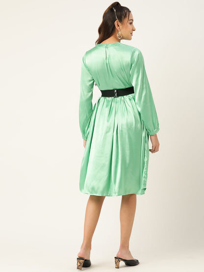 Jainish Women's Green-Coloured Satin Dress with Belt