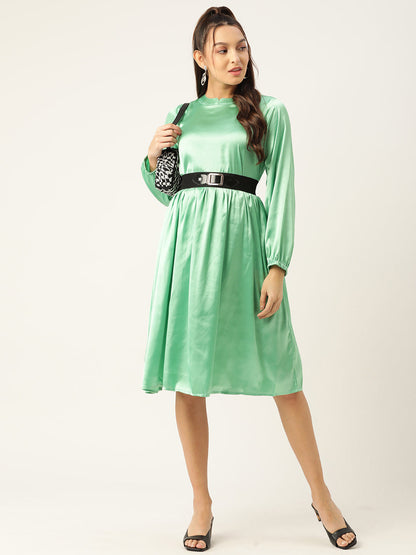 Jainish Women's Green-Coloured Satin Dress with Belt