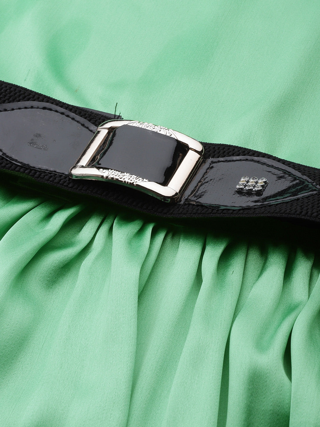 Jainish Women's Green-Coloured Satin Dress with Belt