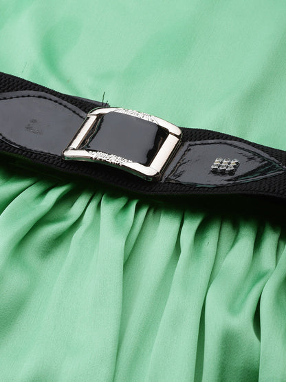 Jainish Women's Green-Coloured Satin Dress with Belt
