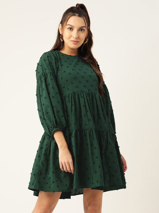 Jainish Women's Georgette Puff Sleeves Tiered Dress - Green