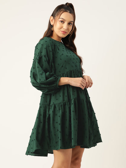 Jainish Women's Georgette Puff Sleeves Tiered Dress - Green