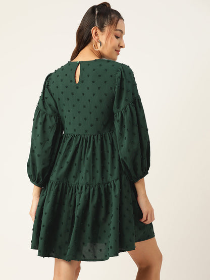 Jainish Women's Georgette Puff Sleeves Tiered Dress - Green