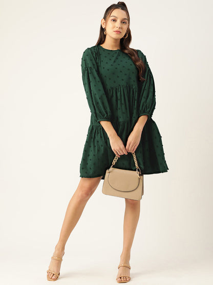 Jainish Women's Georgette Puff Sleeves Tiered Dress - Green