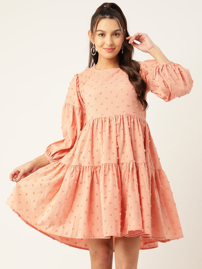 Jainish Women's Georgette Puff Sleeves Tiered Dress - Peach