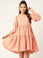 Jainish Women's Georgette Puff Sleeves Tiered Dress - Peach