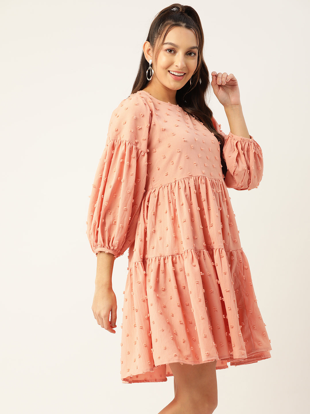 Jainish Women's Georgette Puff Sleeves Tiered Dress - Peach