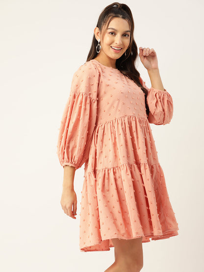 Jainish Women's Georgette Puff Sleeves Tiered Dress - Peach