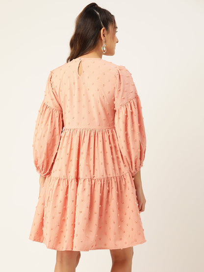 Jainish Women's Georgette Puff Sleeves Tiered Dress - Peach