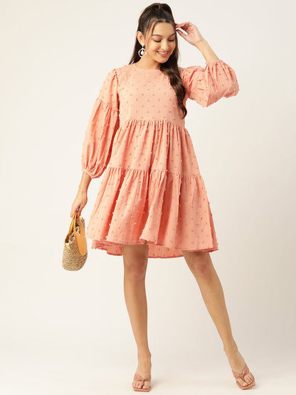 Jainish Women's Georgette Puff Sleeves Tiered Dress - Peach