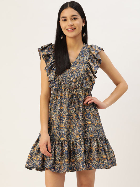 Jainish Women's Printed Tiered Dress with frills - Blue