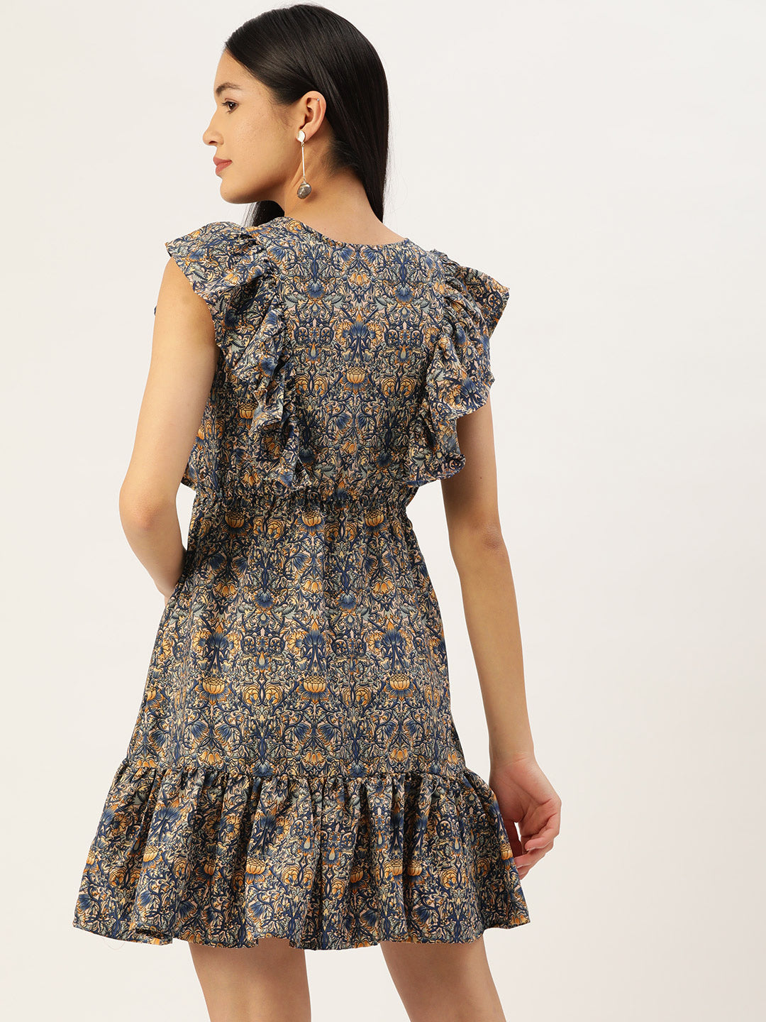 Jainish Women's Navy Blue & Cream-Coloured Floral Crepe A-Line Dress