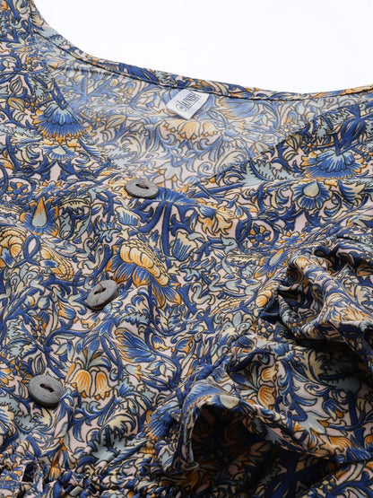 Jainish Women's Navy Blue & Cream-Coloured Floral Crepe A-Line Dress
