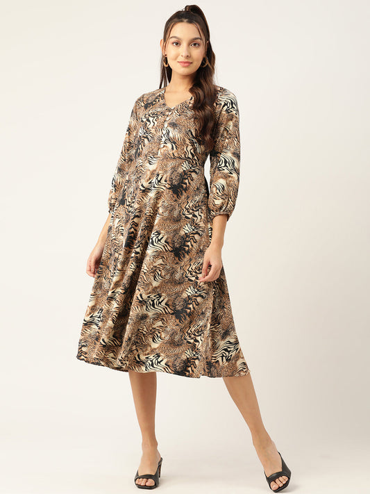 Jainish Women's Animal Print Puff Sleeves Crepe Midi Dress