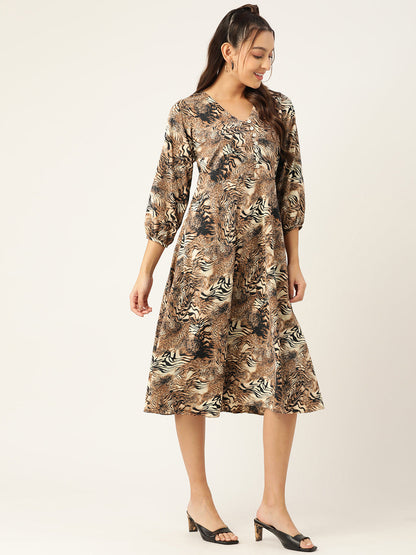 Jainish Women's Animal Print Puff Sleeves Crepe Midi Dress