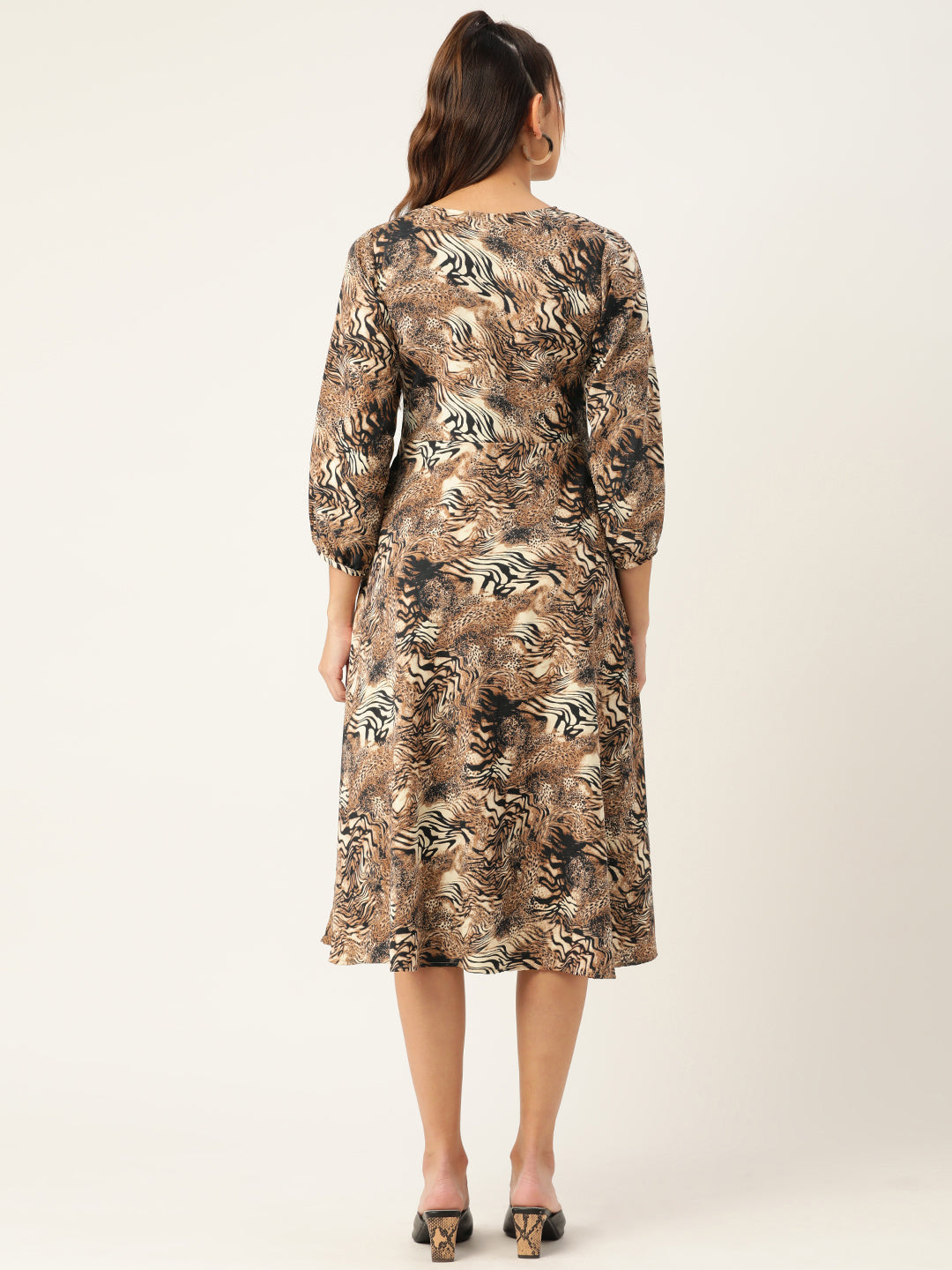 Jainish Women's Animal Print Puff Sleeves Crepe Midi Dress