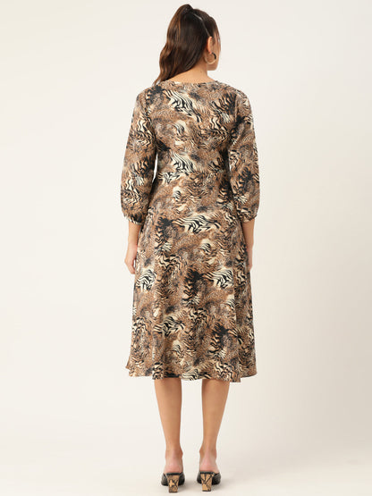Jainish Women's Animal Print Puff Sleeves Crepe Midi Dress