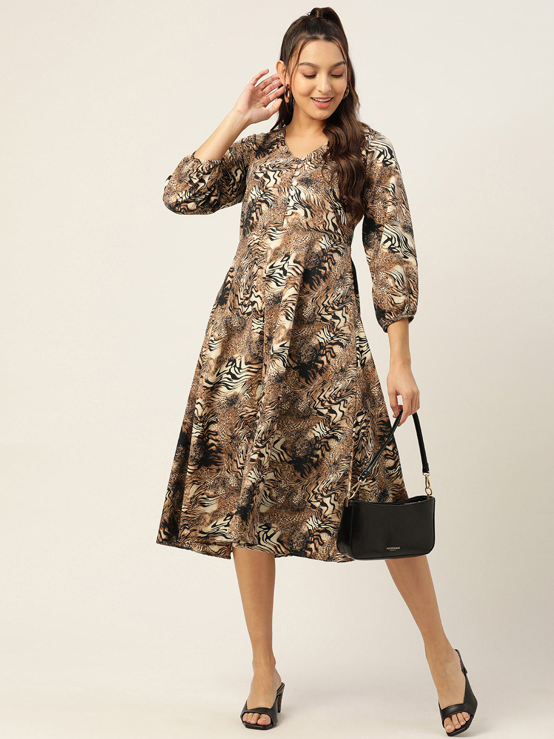 Jainish Women's Animal Print Puff Sleeves Crepe Midi Dress