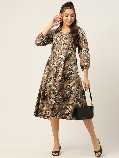 Jainish Women's Animal Print Puff Sleeves Crepe Midi Dress