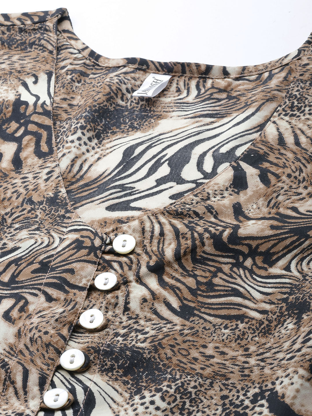 Jainish Women's Animal Print Puff Sleeves Crepe Midi Dress